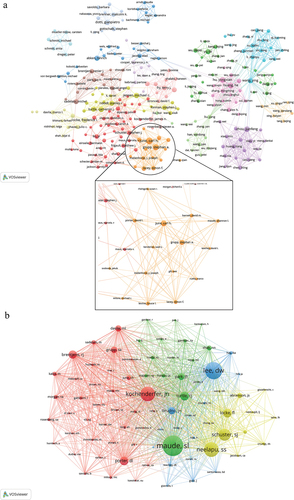 Figure 4. The visualization map of authors (a) co-cited authors (b) about this research field.