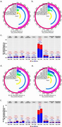 Figure 2. Distribution of LOS associated differentially methylated regions (DMRs) across various genomic contexts. (a-c) Muscle US_SLOS vs. US_Control DMRs. (d-f) Muscle ES_RF_necropsy vs. ES_Control DMRs. (a-b and d-e) Each figure shows the total number of DMRs in the comparison and the number and percent of the hypermethylated (hyper; a and d) and hypomethylated (hypo; b and e) DMRs over each genomic context. In addition, the figures include the number and percent of DMRs that overlap with two previous studies (Li [Citation25] and Chen [Citation19]) for comparison purposes. (c and f) Percent of the genomic context that overlaps with DMRs. Obs = observed frequencies. Exp = expected frequencies (mean ± standard deviation; obtained from randomly shuffling DMRs across genome 10,000 times). The p values were calculated as p = n(|Exp – mean(Exp)| ≥ |Obs – mean(Exp)|)/10,000.