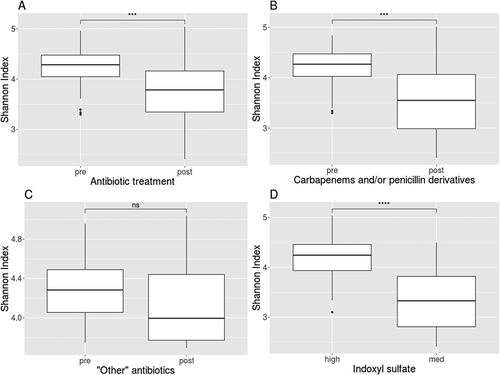 Figure 1. Alpha diversity (Shannon Indices) (A) before and after antibiotic treatment (n = 40), (B) treatment with carbapenems and/or penicillin derivatives (n = 26), (C) “other” antibiotics (i.e. cephalosporins: n = 7, fluoroquinolones: n = 5, trimethoprim/sulfamethoxazole: n = 1, macrolides: n = 1) and (D) grouped by the urinary 3-indoxyl sulfate concentration (medium: −8 <log2(x) >2.5; high: log2(x) >2.5). Values were compared between different groups using Student’s t-test. ns, p > 0.05; p***, p < 0.001; ****, p < 0.0001.