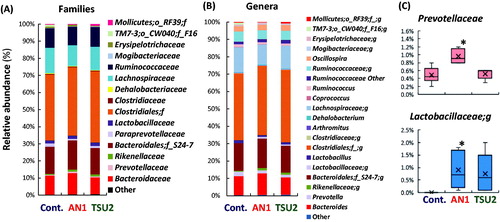 Figure 3. Relative abundance of the family (A), genus (B), and typical bacterial groups (C) in mice administered Lactobacillus plantarum AN1 and Tennozu-SU2 (TSU2) compared with the control group (Cont.). The box plot in (C) shows the values of the third quartile, median, first quartile, and minimum of six mice. *p < 0.05.