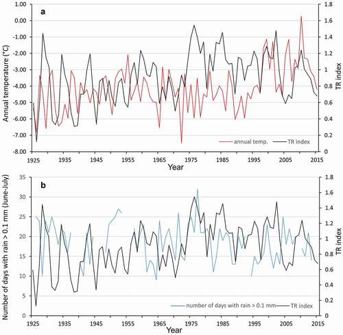 Figure 10. Comparisons of variability of bearberry willow growth rings indices with (A) annual mean temperature and (B) number of days with rain >0.1 mm