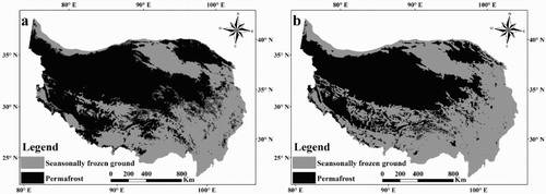 Figure 7. Permafrost distributions on the QTP simulated by the MAGAT model (MAGAT Map) (a) and the 1: 3,000,000 Permafrost Map on the QTP (QTP 1996) (b).