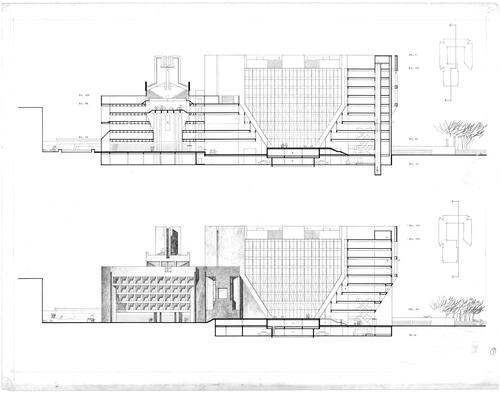 Figure 6. North–south sections, Boston City Hall, competition, stage II, 1962, architects Mitchell/Giurgola Architects in association with David A. Crane and Thomas R. Vreeland Jr. Source: Mitchell/Giurgola (collection coll. 267), University of Pennsylvania Stuart Weitzman School of Design Architectural Archives.