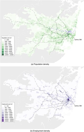 Figure 2. Maps showing SA1-level population and employment density in 2016 in the Sydney UCL.