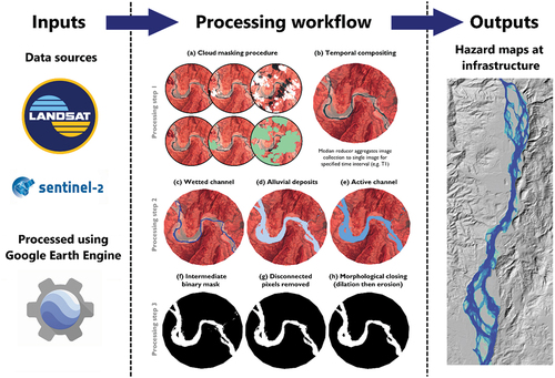 Figure 1. Conceptualization of the research methodology, including the data sources (Landsat and Sentinel imagery), processing steps within GEE and the outputs to be used by stakeholders.