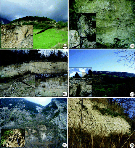 Figure 7. Post-orogenic continental deposits of the Aventino valley. (a) Palena and Lettopalena breccias; (b) Pennapiedimonte breccias; (c) Maiella breccias; (d) Piano Laroma conglomerates; (e) Southern Maiella breccias; (f) Piano La Fara conglomerates.