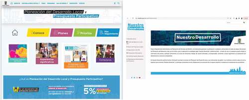 Figure 10. Medellín’s Town Hall’s webpage of the participatory budgeting process and the tool Nuestro Desarrollo.