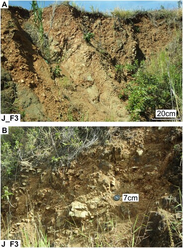 Figure 5. Outcrops basalts in the BGFZ (Jarabacoa zone): (A) fractured basalts not disaggregated and (B) fractured basalts disaggregated. Lower left key indicates the study zone and panoramic location quadrant (MecMat map in the Main Plate).