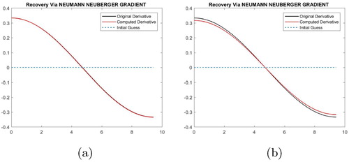 Figure 2. Inverse recovery of the derivative φ~ and Tφ~: (a) derivative φ~ vs. ϕ and (b) recovery of φ~.