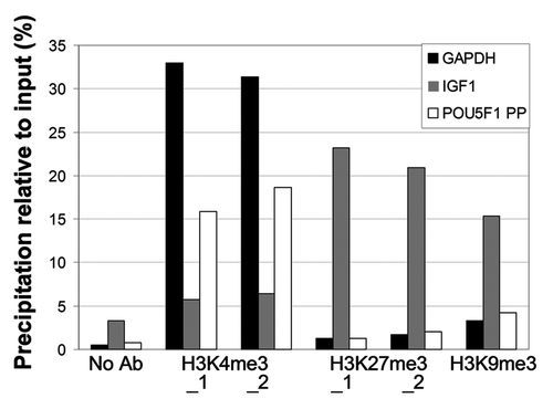 Figure 2. Analysis of histone modifications in intact bovine blastocysts. Modified histones examined are indicated on the x-axis, for a promoter region of the GAPDH, IGF1 and POU5F1. H3K4me3_1 and _2, and H3K27me3_1 and _2 each correspond to a round of duplicate ChIPs. H3K9me3 ChIPs were done in one replicate only. Each ChIP was analyzed by duplicate qPCR for each gene.