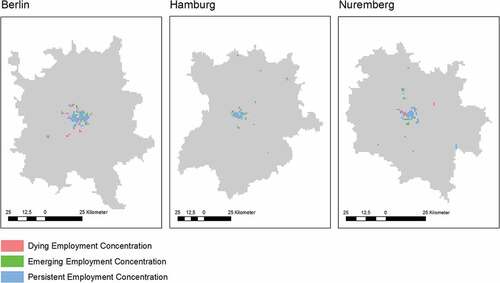 Figure 2. Employment concentrations in German city regions 2002, 2015. Notes: Delineation of case study regions based on 60-minute travel time isochrones (Berlin, Hamburg) or 45 minutes (Nuremberg), given a free-flow road network. Source: Own calculations.