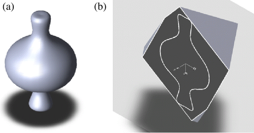 Figure 6 (a) Initial revolved part as an input to the minimum oriented bounding box algorithm; (b) XZ cut view of the overlapping minimum oriented bounding box and the revolved part.