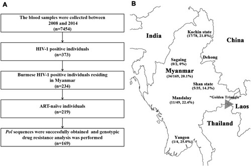 Figure 1 The qualified individuals and their geographic distribution. (A) Flow chart shows the individuals meeting inclusion criteria. (B) The prevalence of TDR among ART-naïve HIV-1 infected individuals residing in Myanmar between 2008 and 2014. The triangle shadow indicates the well-known illicit drug-producing region “Golden Triangle”.