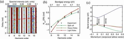 Figure 8. Reconstruction of the electronic band structure in ZnO. Odd – and even-order harmonics are induced in ZnO, when driven by an intense mid-infrared pump laser, and a weaker second harmonic beam, treated as a perturbation [Citation80]. (a) The HHG signals are experimentally recorded as a function of the time delay between the fundamental and the second harmonic beams. (b) The experimentally measured and calculated optimum phases. (c) A reconstructed momentum-dependent band structure. Electrons in the first conduction band (blue line) recombine with holes in a split-off valence band (green line) generating the 10th – and 16th-order harmonics