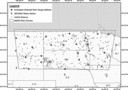 Figure 1. Spatial distribution of HADS stations, NEXRAD radar stations, and selected precipitation stations.