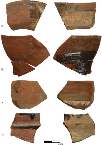 Figure 12. A selection of brown-glazed silt (FG10b) cooking pots produced in the vicinity of the Roman tower kiln, exterior (left) and interior (right) views (A. L. Gascoigne).