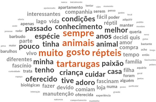 Figure 3. Word Cloud of 100 most frequent words using NVIVO Software (in Portuguese). Search specifications: minimum length of four characters; with synonyms; default stop words excluded. Most used terms (in the center) include: always, like, very, animals, reptiles, turtles; followed by (in bold): conditions, knowledge, past, better, species, years, have/had, little, my, child, passion, love, care, home, and offered.