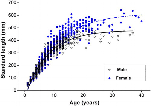 Figure 8. The von Bertalanffy growth curve of S. waltoni with the observed standard length at age estimated from otoliths. The length-at-age data of the undetermined specimens were included in models fitting both sexes (except for two 9 yr old individuals).