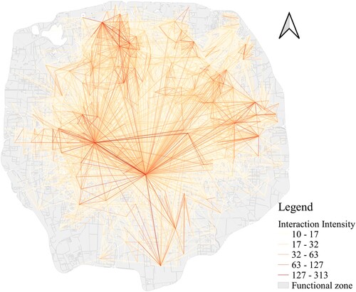 Figure 8. Spatial interactive network (the interaction intensity was categorized into five classes using the natural break method for visualization purposes).