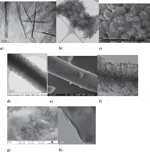 Figure 1. TEM and SEM images of boehmite nanostructures: top panel: (a) TEM image of boehmite nanofibers; (b) TEM image of boehmite nanofiber agglomerate; (c) SEM image of boehmite nanofiber agglomerates. Courtesy of Ms T. Rivkin of National Renewable Energy Laboratory (NREL). Middle panel: (d) TEM image of boehmite nanofibers bonded to glass microfiber; (e) SEM shows a carpet of boehmite nanofibers completely covering the glass microshaft; (f) nano silica enveloping the nano boehmite structure. Courtesy Dr R. Ristau of IMS, University of Connecticut. Bottom panel: (g) SEM of aluminized DE60 particles; (h) TEM of aluminized DE80 particles. Courtesy of Dr A. Slesarev of Rice University.
