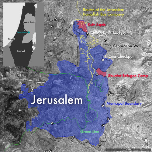 Figure 1 Overview of East Jerusalem, the exclaves between Wall and Municipal Boundary and the routes of the Jerusalem-Ramallah Bus Company. Map produced by the author on the basis of Google Earth.
