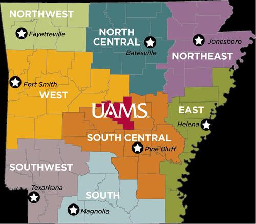 Figure 1 A map of Arkansas divided by region with location of University of Arkansas for Medical Sciences (UAMS) regional programs.