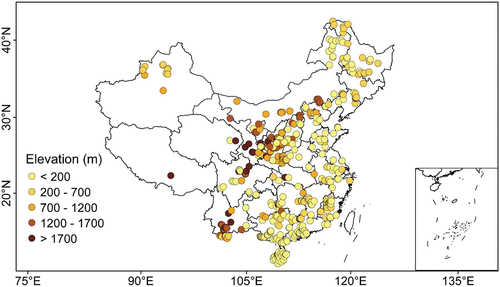 Figure 7. The spatial distribution in elevations of study plots involved in the CPSDv0 database.
