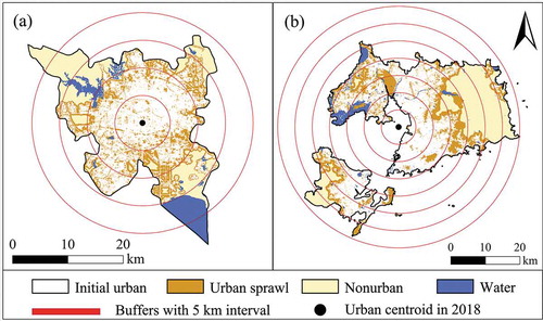 Figure 11. The 2018–2028 urban sprawl and the concentric buffers for Hefei (a) and Qingdao (b)