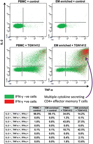 Figure 5.  Intracellular TNFα, IL-2, and IFNγ staining of human PBMCs and effector memory T-cell (EM) enriched PBMC following stimulation with either 1 µg/well immobilized IgG4 isotype matched control mAb or TGN1412. Analysis shown is gated on CD3+CD4+ T-cells. Cells in the right hand quadrants are positive for TNFα, cells in the upper quadrants are positive for IL-2, cells positive and negative for IFN-γ are identified using the key above.Cells in the upper right corner in red are positive for TNFα, IL-2, and IFNγ. The frequency of cytokine positive cells is expressed as a percentage of CD3+CD4+ T-cells. Quadrant statistics for cytokine positive CD3+CD4+ T-cells are shown in the table below.