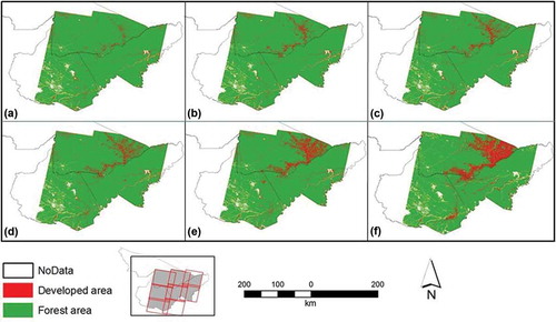 Figure 2. Forest/non-forest maps showing fragmentation dynamics in the MAP region for the year of (a) 1986, (b) 1991, (c) 1996, (d) 2000, (e) 2005, and (f) 2010, interpreted from eight Landsat imageries (path/row: 1/67, 1/68, 2/67, 2/68, 2/69, 3/67, 3/68, 3/69).