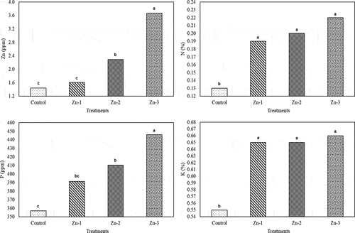 Figure 5. Effects of foliar zinc sprays on micro and macro elements such as zinc (Zn), nitrogen (N), phosphorus (P) and potassium (K) of ‘Granny Smith’ apples. The means shown with the same lower case letter on the bar are no different according to DMRT at P < .05