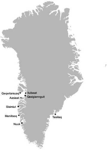 Figure 1. Map of Greenland with study areas marked