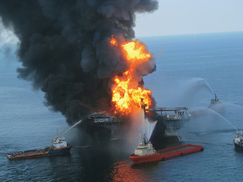 FIGURE 1: The U.S. Coast Guard responded to the fire on the Deepwater Horizon drilling rig. Despite firefighting efforts, the rig sank 2 d after the initial explosion. (Photograph courtesy of the U.S. Coast Guard.)