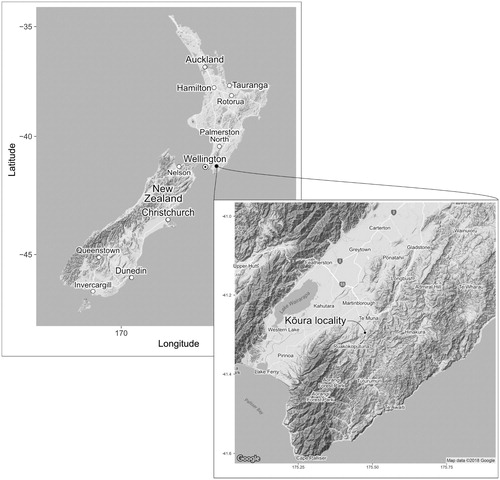 Figure 1. Map of kōura locality in the Wairarapa, New Zealand. Base maps downloaded from Google Maps and plotted using R package ggmap (Kahle and Wickham Citation2013).