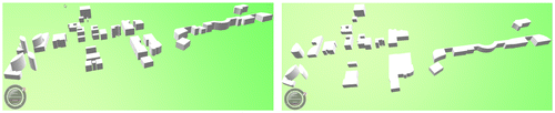 Figure 10. Generalization of 3D buildings: simplification models (left) and simplified and aggregated models (right).