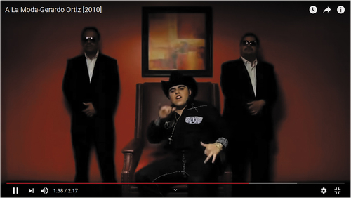Figure 7. Gerardo Ortiz shows off his attire with rhythmically punctuating gestures in A la moda (2010). C. Del Records. Posted on YouTube by chapo04.