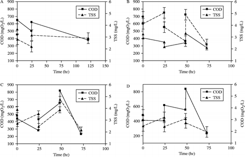 Figure 3 Evolution of COD and TSS during the sequential process (A) ΔO3 = 0.014 g O3/g TSS, (B) ΔO3 = 0.015 g O3/g TSS, (C) ΔO3 = 0.099 g O3/g TSS and (D) ΔO3 = 0.141 g O3/g TSS.