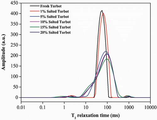 Figure 4. T2 relaxation spectra for turbot during different concentrations of salting.