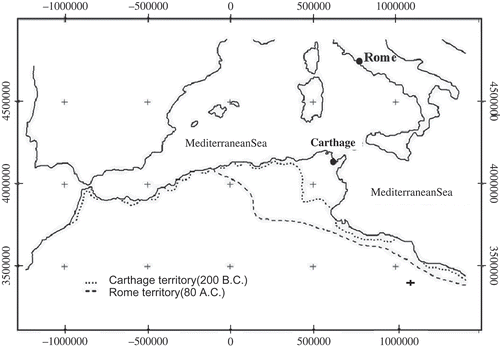 Fig. 2 Carthaginian and Roman territory in Tunisia. After Lepelly and Dupuis (Citation1999) and Lancel (Citation1999).