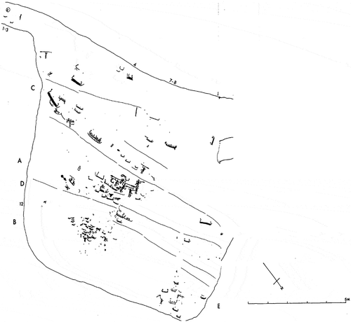 Figure 12. John Coles’ drawing of the layout of the Bro Utmark petroglyphs. As shown by the drawing, the weapon-bearing figures were placed centrally in not only their own panel, but also more or less centrally in the midst of all the images found at Bro Utmark—perhaps indicating their importance to the groups who maintained them. (Coles, Citation2004)