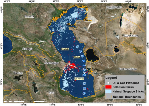 Figure 5. Overall distribution of oil spills and natural seepage slicks in the Caspian Sea.