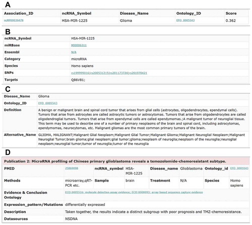 Figure 6. The association information of the ncRNA hsa-mir-1225 and the glioma disease. (A) The key information of the hsa-mir-1225-glioma association. (B) The information of the hsa-mir-1225 ncRNA. (C) The information of the glioma disease. (D) The supporting evidence in the publications for the hsa-mir-1225-glioma association.