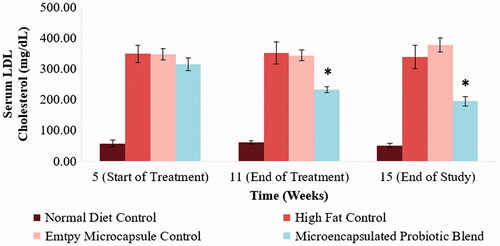 Figure 4. Effect of microencapsulated probiotic blend on hamster serum LDL-cholesterol levels at selected time points. The microencapsulated probiotic blend caused a significant reduction in LDL-cholesterol levels (p < .05). (N = 5 hamsters). (*) – Significant reduction compared to high-fat control group at the same time point.