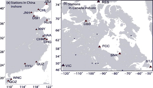 Figure 7. Position of the coastal stations in China and Canada.