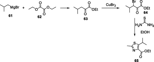 Scheme 20. Synthesis of ethyl 5-isopropyl-2-methylthiazole-4-carboxylate 65.