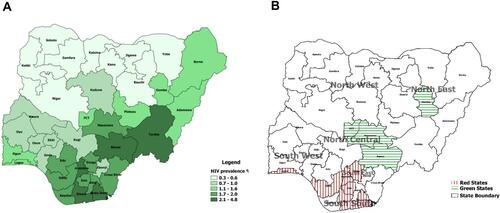 Figure 1 State-level HIV prevalence in Nigeria and the nine states that implemented the enhanced community case-finding package (ECCP) as part of the Nigeria antiretroviral therapy surge, October 2019–March 2020. (A) Prevalence of HIV by state (NAIIS 2018). (B) Targeted Surge states.