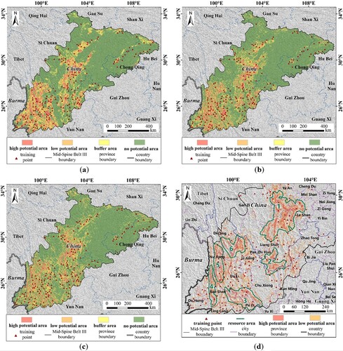 Figure 8. Classification maps of prediction and geothermal resource areas: (a) CF; (b) ICF; (c) ECF; (d) Geothermal resource areas.