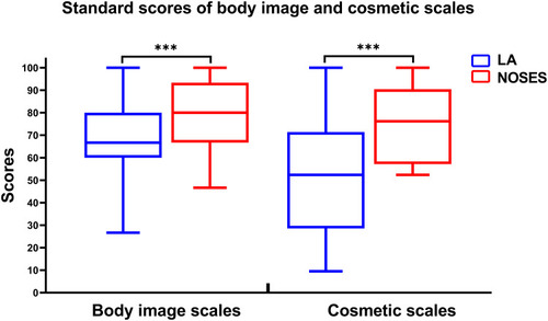 Figure 3 Comparison of standard scores of body image scales and cosmetic scales between two groups. ***P<0.001.