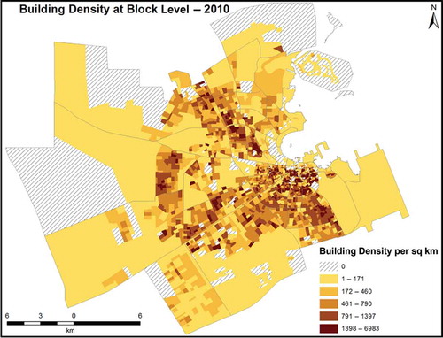 Figure 8. Building density (per square kilometre) in 2010 at the block level.