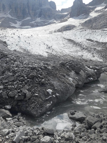 Figure 7. Ice front melting with deposition of supraglacial debris along young glacier foreland. Agola glacier, Dolomites (TN, Italy). Photo: Barbara Valle.
